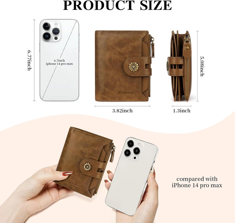 Blucoay Wallet Women,RFID Blocking Womens Wallet,Leather Bifold Compact Small Wallet for Women Card Holder with Zip Coin Pocket(apricotbrown) - Image 4